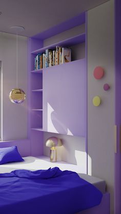 a purple and white bedroom with bookshelves on the wall next to the bed