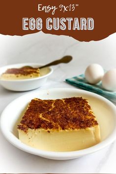 an egg custard on a white plate next to some eggs