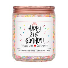 happy 21st birthday jar filled with confetti and sprinkles on a white background