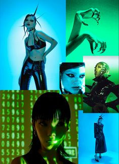 the collage shows different images of women in black clothing and neon green lighting, with one woman's face glowing