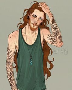 a drawing of a man with long hair and tattoos on his arm, wearing a green tank top