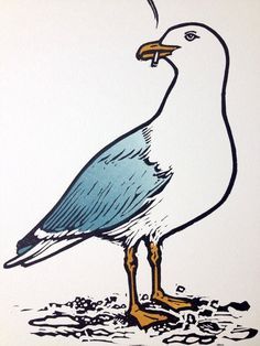 a drawing of a seagull standing in the sand