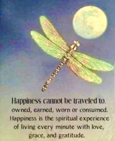 a dragonfly flying in the sky with a full moon behind it and an inspirational quote about happiness