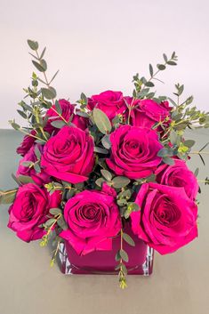 This beautiful hand tied bouquet features gorgeous Roseberry roses mixed with eucalyptus, then it's placed into a cranberry cube Floral Business, Hand Tied Bouquet, More More, Summer Season, Beautiful Hand