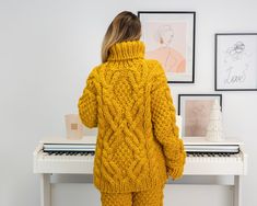 Cable Knit Cosy Winter Sweater in Raw Itchy Yellow Wool T1313 - Etsy Denmark Yellow Wool Sweater For Fall, Winter Yellow Cable Knit Sweater, Yellow Wool Winter Sweater, Yellow Hand Knitted Long Sleeve Sweater, Cozy Yellow Winter Sweater, Mustard Long Sleeve Winter Sweater, Mustard Long-sleeve Winter Sweater, Dress Book, Mens Pullover