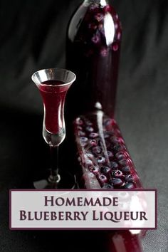 blueberry liqueur in a wine glass next to a bottle with the words homemade blueberry liqueur on it