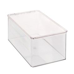 a clear plastic storage box on a white background