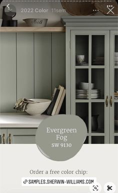 an image of a kitchen with green cabinets and white counter tops in the background, text reads evergreen fog sw190 order a free color