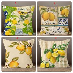 four different pillows with lemons on them