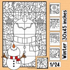 a snowman is in the middle of a coloring page with numbers and letters on it