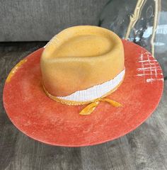 One of a kind wide brim hat  - Size 58cm Yellow Western Hat With Curved Brim, Yellow Western Hat With Short Brim, Yellow Brimmed Fedora For Kentucky Derby, Yellow Curved Brim Fedora For Kentucky Derby, Simi Valley, Hat Custom, Wide Brimmed Hats, Brim Hat, Wide Brimmed