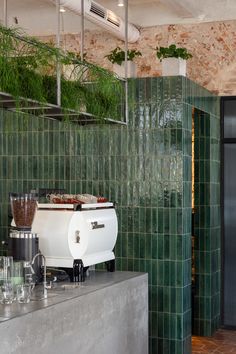 a kitchen with green tiles and plants growing on the wall, along with an ice chest