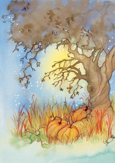 a painting of a tree with pumpkins under it