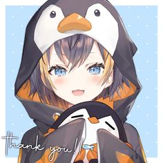 an anime character with a penguin on her head and the words thank you written below it