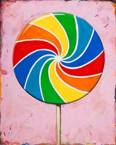 a painting of a colorful lollipop sitting on top of a wooden stick in front of a pink background