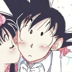 two anime characters one is kissing the other's head with flowers in her hair