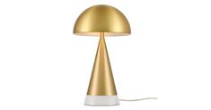 a gold and white table lamp with a cord plugged in to it's base