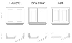 four different types of kitchen cabinets with measurements and drawings on the front, side, and back