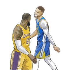 two basketball players are standing next to each other, one is wearing a blue and yellow uniform