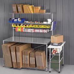 a metal shelf filled with lots of different types of boxes and containers next to each other