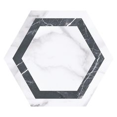 a white marble hexagonal table top with black and grey lines in the center