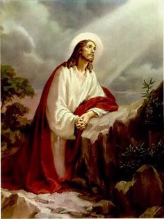 a painting of jesus sitting on top of a rock with his hands folded in prayer