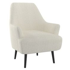 an upholstered white chair with black legs and arms, on a white background