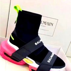 They Are Made Of Stretchable Material And The Band That Goes On Them Has Velcro So They Can Be Removed. Looks Great With Leggings, Sweatpants, Or Jeans. Comes New With The Box. Size 34 Euro Is A 4 Woman’s Or 2 Uk Size Barbie Limited Edition, Balmain Sneakers, Neon Green Color, Balmain Shoes, Perfect Heels, Dress Jeans, Pink Neon, Black White Pink, Shoes Brand