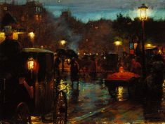 a painting of people walking in the rain at night with umbrellas and lights on