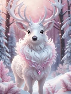 a painting of a white deer with pink flowers on it's antlers in the snow