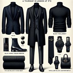 Revise the fashion illustration to feature an updated mysterious outfit for a Thursday in London at 9°C, now complemented by Ormonde Man fragrance. Swap the navy blazer for a black Harris Tweed sport coat, while retaining the black turtleneck sweater, tailored black trousers, polished black leather ankle boots, dark leather belt, minimalist black leather watch, and the tasteful silver ring. Add a tailored black wool long coat for warmth and style. The ensemble should exude an air of refined elegance and mystery, perfectly suitable for a man of discerning taste, embodying quiet luxury with a touch of heritage. How To Style Blazer Men, Quiet Luxury Outfit Men, Black Suit Outfit Men, Black Turtleneck Outfit Men, Long Blazer Outfit, Man Fragrance, Turtleneck Outfit Men, Elegantes Party Outfit