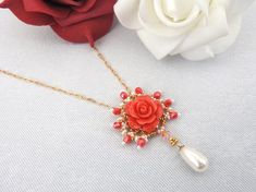 Victorian Necklace, Red Necklace, Red Flower Necklace, Romantic Necklace, Red Rose pendant, Romantic Red Flower Pendant Necklace For Wedding, Red Flower Necklace, Coral Jewelry Set, Victorian Necklace, Braid Jewelry, Romantic Necklace, Romantic Gifts For Her, Book Jewelry, Red Necklace