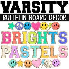 the words brights pastels are written in black and white with colorful smiley faces