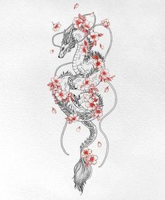 a drawing of a dragon with red flowers on it's body and tail, sitting in