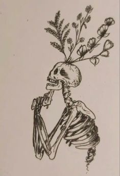 a drawing of a skeleton with flowers on its head holding a piece of paper in it's hand