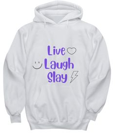 - Printed, Made, And Shipped From The USA. - Double-needle stitched. Hoodie that says slay, live laugh slay, teen girl gift, 10-12, 12-14, best friend girl power Hoodie Size And Details Brand: JERZEES Style: NuBlend® Hooded Sweatshirt Garment Details... Note: In case of stock issues with this brand we may substitute a similar or higher quality brand for your order. Fun Hoodie With Letter Print For Streetwear, Fun Letter Print Hoodie For Streetwear, Fun Hoodie With Letter Print, Trendy Cotton Hoodie With Lettering, Trendy Purple Hoodie With Letter Print, Trendy Purple Hoodie With Graphic Print, Fun White Cotton Hoodie, Teen Girl Gifts, Girl Power