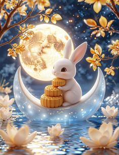 a white rabbit sitting on top of a pile of gold coins in front of a full moon