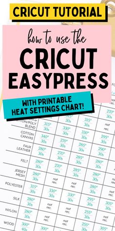 the cricut easypress printable heat setting chart is shown with text that reads how to use the cricut easypress