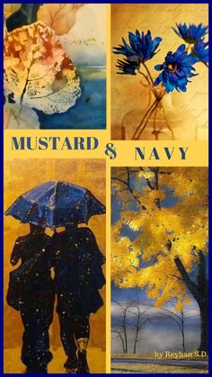 two people holding umbrellas in front of trees and the words mustardd & navy