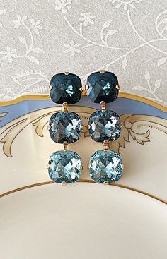 LONG earrings featuring Swarovski crystals in an ombré of shades of blue. 12mm cushion cut Swarovski crystals.  Total earring length is 1 3/4 inch long; 15mm wide. Post backs for pierced ears. Thanks for stopping by! Blue Jeweled Earrings For Wedding, Traditional Blue Wedding Earrings, Old Hollywood Bridesmaid, Luxury Blue Bridal Earrings, Elegant Blue Crystal Wedding Earrings, Blue Gemstone-accented Earrings For Formal Occasions, Long Crystal Earrings, Navy Blue Earrings, Mom Clothes