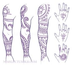 four different types of tattoos on the arms and hands, all in purple ink with paisley designs