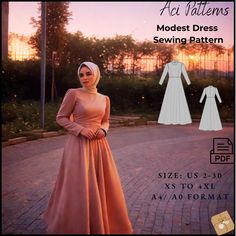 Modest Maxi Dress Bishop Long Sleeve Pattern,Medieval Dress,Abaya Dress,Ankle dress pattern,  Available as an instant download (pdf) sewing pattern bundle with a range of size options, including plus sizes ⭐US Sizes: 2, 4, 6, 8, 10, 12, 14, 16, 18, 20, 22, 24, 26, 28, 30 ⭐Standard Sizes: XS, S, M, L, XL, 2XL, 3XL, 4XL ⭐These patterns are suitable for A4, A0, and US Letter size papers. ⭐Once your payment is processed, you will automatically receive download links for the pattern files. Please note that you can only download the files from a computer; they will not work on a phone or iPad. ⭐This is a digital product. You will receive zip files containing the patterns and sewing instructions. ⭐Due to the nature of digital downloads, no refund, return, or exchange of the files is possible. How Abaya Sewing Pattern, Modest Maxi Dress, Dress Abaya, Long Sleeve Pattern, Modest Maxi, Plus Size Patterns, Ankle Dress, Medieval Dress, Abaya Dress