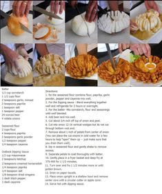 there are many different types of food on this page, including breads and onion rings