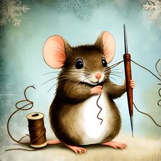 a painting of a mouse holding a spool of thread with a needle in it