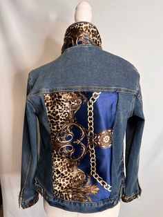 A classic custom denim jacket embellished with a classic silk scarf on back, collar and cuffs Custom Denim Jacket, Designer Scarf, Printed Denim Jacket, Satin Scarf, Custom Denim, Print Denim, Leopard Print Scarf, Classic Denim Jacket, Jean Jacket Women