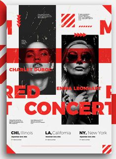 a poster for the red concert featuring two women with their faces covered in black and white