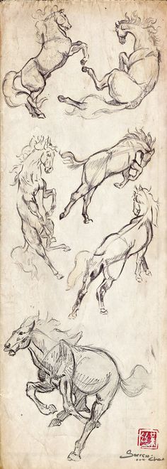 an old book with drawings of horses and riders on it's pages, including one running