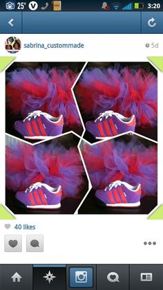 an image of some shoes with red and purple tulle on the bottom, and one is