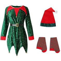 a green and red christmas outfit with matching mittens