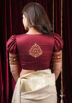 Creative Blouse Designs, Closed Back Blouse Designs, Banasari Saree Blouse Design, Puff Sleeve Blouse Indian Saree, Knot Work Embroidery Blouse, Puff Blouse Designs, Silk Blouse Designs Indian, Sleeves Design For Blouse, Puff Sleeve Blouse Indian